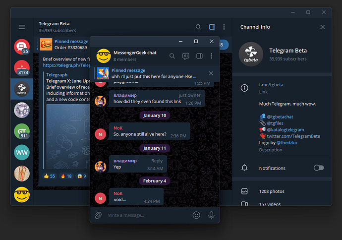 Telegram 3.7.6 beta window with separate conversation window on top