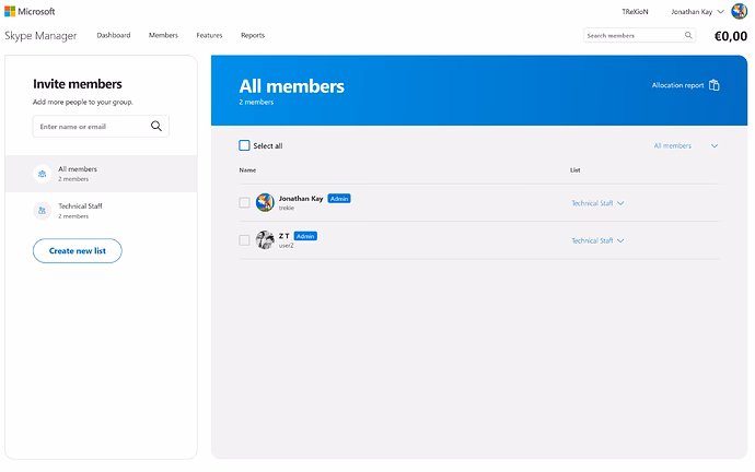 Skype Manager members dashboard