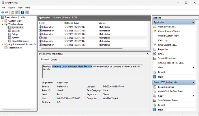 Screenshot of the Event Viewer, Application log with Error from MsiInstaller displayed