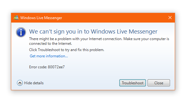 MSN Messenger login error ) 80072ee7