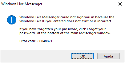 código de acceso de error de messenger 80048821